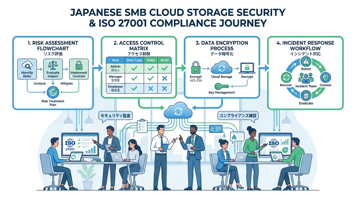 中小企業のチームがクラウドストレージのセキュリティ管理とISO 27001対応を実施している場面のイラスト