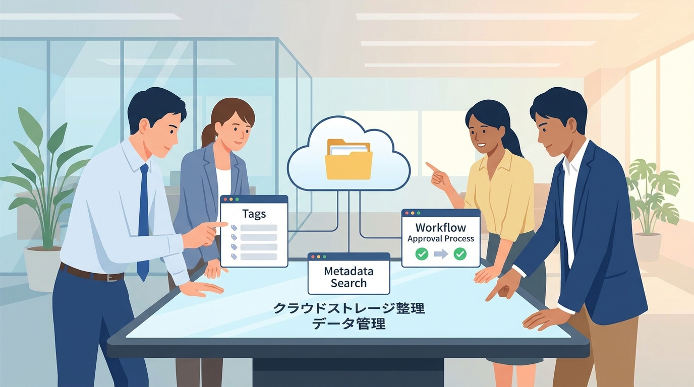 クラウドストレージでのファイル整理とアクセス管理のイメージ